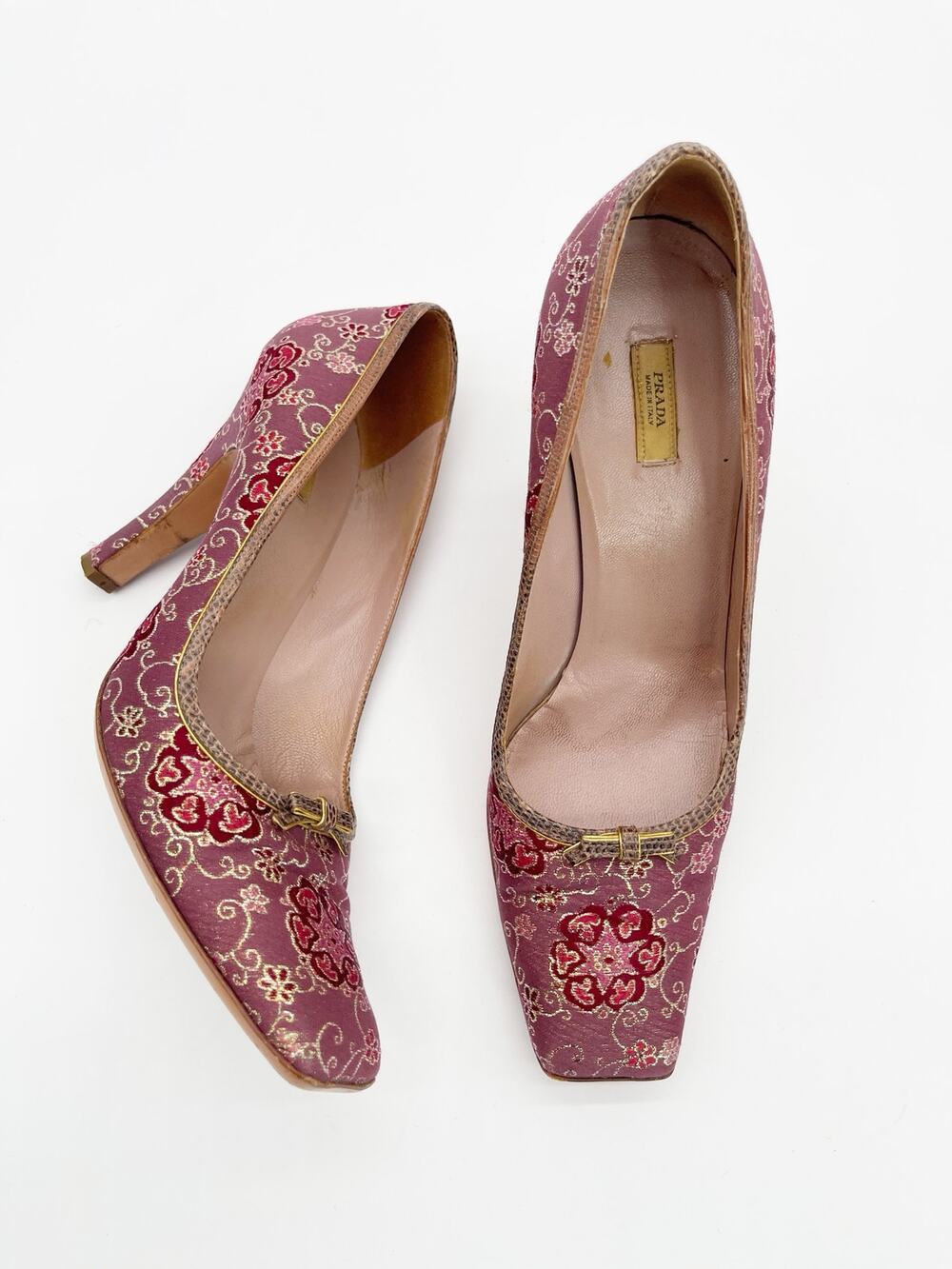 Prada Vintage Plum Gold Brocade Snakeskin Trim Square Toe Heels Pumps IT 40.5